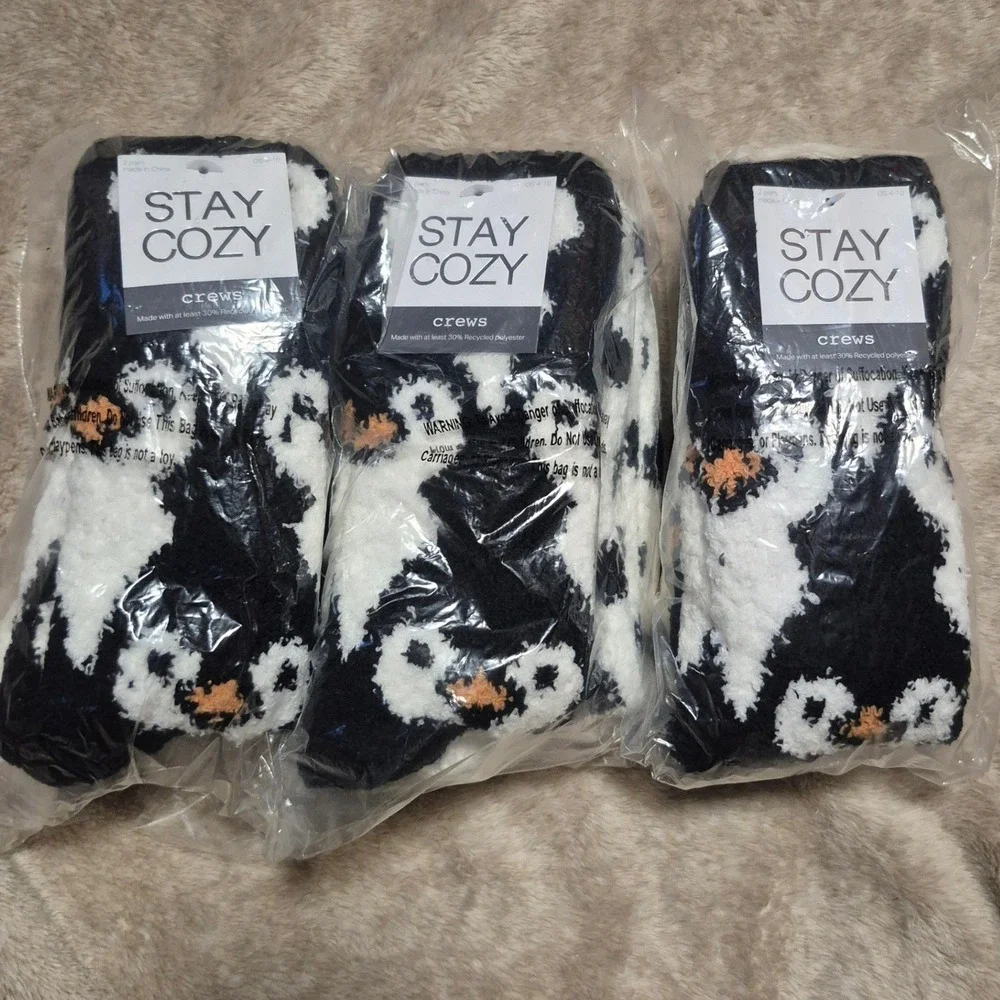 Stay Cozy Penguin Polka Dot Fuzzy Crew Socks 6 Pairs Bundle Black White OS 4-10